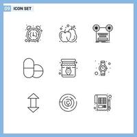 Mobile Interface Outline Set of 9 Pictograms of strawberry jam record tablets music Editable Vector Design Elements