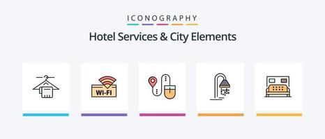 los servicios del hotel y la línea de elementos de la ciudad llenaron el paquete de 5 iconos, incluido el dispositivo. Wifi. No. hotel. buscar. diseño de iconos creativos vector