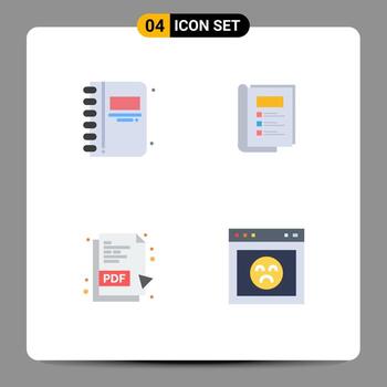 Mobile Interface Flat Icon Set of 4 Pictograms of back to school pdf document open book layout browser Editable Vector Design Elements