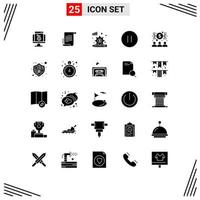 Set of 25 Vector Solid Glyphs on Grid for banker pause screenplay multimedia gear Editable Vector Design Elements