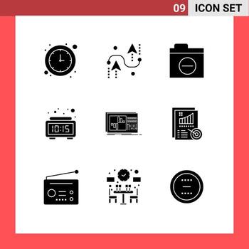 9 Universal Solid Glyph Signs Symbols of control digital programing clock error Editable Vector Design Elements