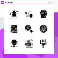 Group of 9 Solid Glyphs Signs and Symbols for circle research coffin search graph Editable Vector Design Elements