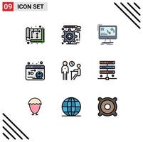 9 User Interface Filledline Flat Color Pack of modern Signs and Symbols of job globe synchronization printer computer Editable Vector Design Elements