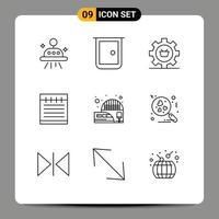 User Interface Pack of 9 Basic Outlines of railway station study education cart notebook gear Editable Vector Design Elements