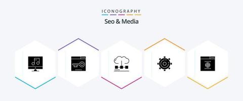 paquete de iconos de 25 glifos de seo y media, incluida la página. medios de comunicación. página. motor. medios de comunicación vector