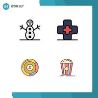 Group of 4 Modern Filledline Flat Colors Set for snowman popcorn medical persentage movie Editable Vector Design Elements