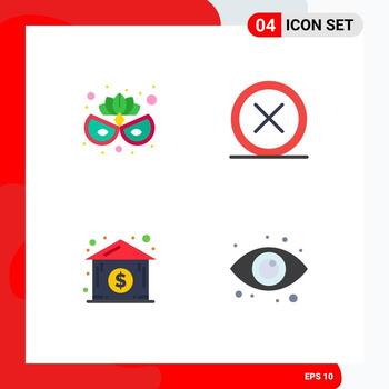 Set of 4 Vector Flat Icons on Grid for carnival mask house cancel exit eye Editable Vector Design Elements