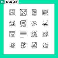 Universal Icon Symbols Group of 16 Modern Outlines of contract gym browser fitness cycling Editable Vector Design Elements