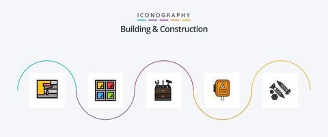 la línea de construcción y construcción llenó el paquete de iconos planos 5 que incluye la construcción. tornillos. caja. transformador. energía vector