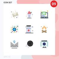 paquete de 9 signos y símbolos de colores planos modernos para medios de impresión web, como elementos de diseño de vectores editables de conexión de red informática de atención médica