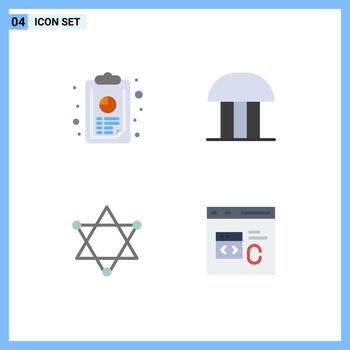 paquete de 4 iconos planos modernos, signos y símbolos para medios de impresión web, como el informe anual, el gráfico de figuras, el edificio de la corte, el espacio, los elementos de diseño vectorial editables vector