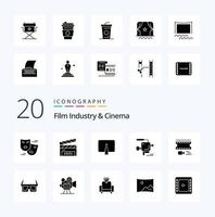 Paquete de iconos de glifos sólidos de 20 cenima como película de animación monitor de cine posterior vector