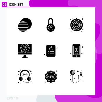 paquete de 9 signos y símbolos de glifos sólidos modernos para medios de impresión web, como la configuración de satélites de compras de identificación, elementos de diseño de vectores editables en Internet