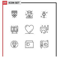 Group of 9 Outlines Signs and Symbols for heart play microphone media ad Editable Vector Design Elements