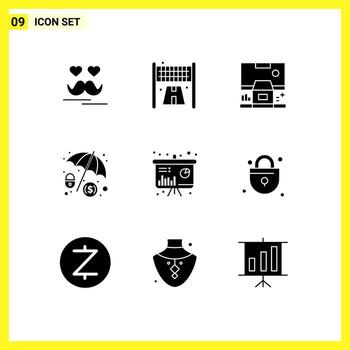 9 Thematic Vector Solid Glyphs and Editable Symbols of sales chart center hacker cyber crime Editable Vector Design Elements