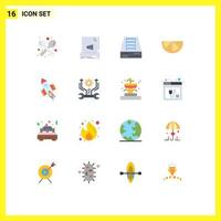 Flat Color Pack of 16 Universal Symbols of shuttle fruit music lemon drawer Editable Pack of Creative Vector Design Elements