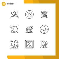 9 Universal Outlines Set for Web and Mobile Applications globe global bulb dollar fast food Editable Vector Design Elements