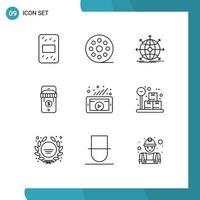 Group of 9 Modern Outlines Set for video marketing global store ecommerce Editable Vector Design Elements