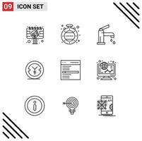 Mobile Interface Outline Set of 9 Pictograms of communication yen bath finance shower Editable Vector Design Elements