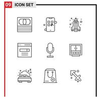 Pack of 9 creative Outlines of mic audio rocket user interface Editable Vector Design Elements