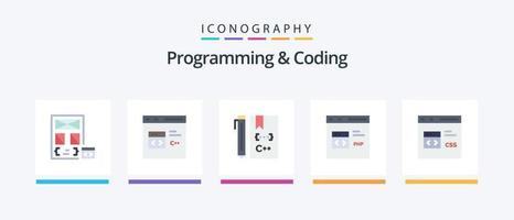 paquete de iconos de 5 planos de programación y codificación que incluye css. código. desarrollar. php. desarrollar. diseño de iconos creativos vector