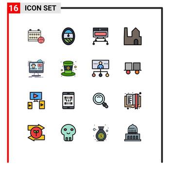 paquete de 16 líneas llenas de colores planos modernos, signos y símbolos para medios de impresión web, como tutoriales de medios, industria de conexión, fábrica, chimenea, elementos de diseño de vectores creativos editables