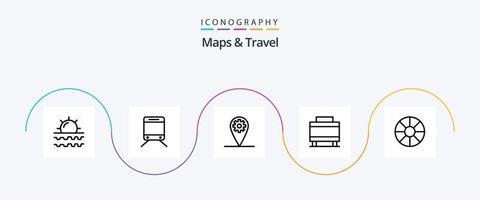 mapas y paquete de iconos de la línea de viaje 5 que incluye. viajar. engranaje. día festivo. maleta vector