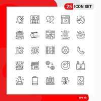 25 User Interface Line Pack of modern Signs and Symbols of food vide love user content Editable Vector Design Elements