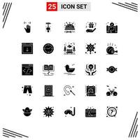 Pack of 25 Modern Solid Glyphs Signs and Symbols for Web Print Media such as location hand party tool box stitch Editable Vector Design Elements