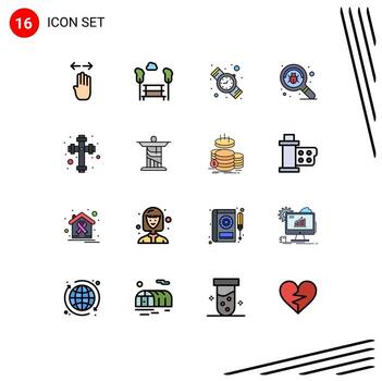 Group of 16 Flat Color Filled Lines Signs and Symbols for christian virus trees search bug Editable Creative Vector Design Elements