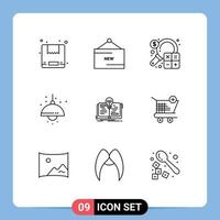 Mobile Interface Outline Set of 9 Pictograms of book lump accounting living marketing Editable Vector Design Elements