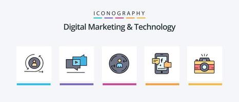 La línea de marketing digital y tecnología llenó un paquete de 5 íconos que incluye publicidad. máquina. vivir. imprimir. impresora. diseño de iconos creativos vector