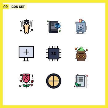 conjunto de pictogramas de 9 colores planos de línea de llenado simple de computadoras que advierten elementos de diseño de vector editables de objetivo de virus frágil