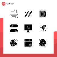 User Interface Pack of 9 Basic Solid Glyphs of launch lock cpu computer switch Editable Vector Design Elements