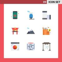 Mobile Interface Flat Color Set of 9 Pictograms of mountains camping phone chinese bridge Editable Vector Design Elements