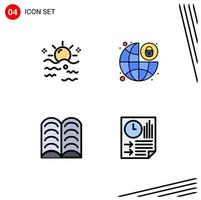 Pack of 4 creative Filledline Flat Colors of sea book sun lock learn Editable Vector Design Elements