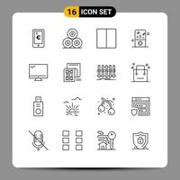 Set of 16 Modern UI Icons Symbols Signs for monitor player grid music player ipod Editable Vector Design Elements