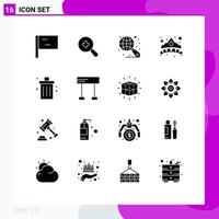 16 User Interface Solid Glyph Pack of modern Signs and Symbols of finish garbage crown delete bin Editable Vector Design Elements