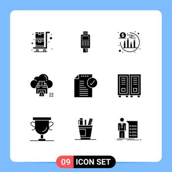 conjunto de pictogramas de 9 glifos sólidos simples de datos de máquina de tarjeta de crédito de impresión de dispositivo elementos de diseño de vector editable seo