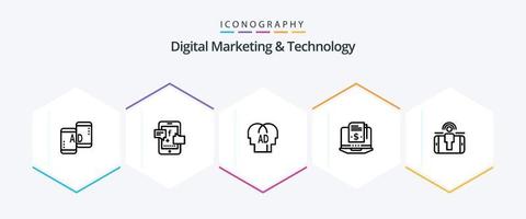 paquete de iconos de 25 líneas de marketing digital y tecnología, incluido el usuario. digital. elemental. modelo de suscripción. suscripción vector