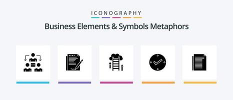 Business Elements And Symbols Metaphors Glyph 5 Icon Pack Including check. tick. paper. open. data. Creative Icons Design vector