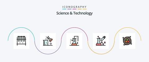 La línea de ciencia y tecnología llenó el paquete de iconos planos 5 que incluye la aplicación de modelado. gráficos de computadora. ciencia de la materia. investigación científica. microbiología vector