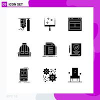 Editable Vector Line Pack of 9 Simple Solid Glyphs of list school layout camping backpack Editable Vector Design Elements