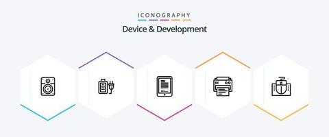 paquete de iconos de 25 líneas de dispositivo y desarrollo que incluye computadora. educación. móvil . impresión. impresora vector