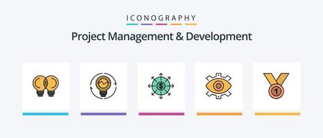 la gestión de proyectos y la línea de desarrollo llenaron un paquete de 5 iconos, incluido el desarrollo. escribiendo. lograr. contenido. cinta. diseño de iconos creativos vector