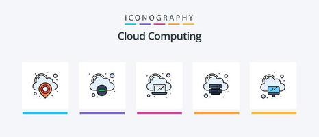 la línea de computación en la nube llenó el paquete de 5 íconos, incluida la carga. servidor. informática. red. nube. diseño de iconos creativos vector