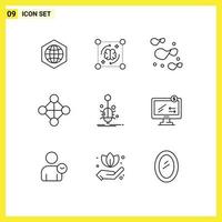 Pack of 9 Modern Outlines Signs and Symbols for Web Print Media such as spider bug storming topology hierarchy Editable Vector Design Elements