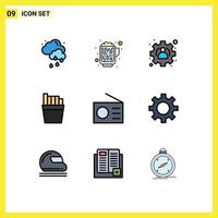 Set of 9 Vector Filledline Flat Colors on Grid for gear technology profile radio devices Editable Vector Design Elements