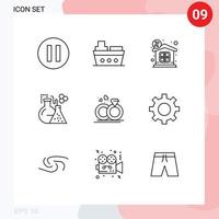 Mobile Interface Outline Set of 9 Pictograms of love merraige money ring test Editable Vector Design Elements