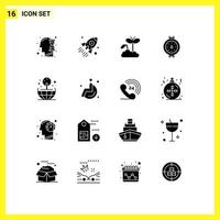 Group of 16 Modern Solid Glyphs Set for globe pipe project meter plant Editable Vector Design Elements